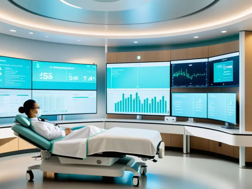 Imagen de una sala de hospital moderna con equipo médico de IA, mostrando herramientas de diagnóstico futuristas y análisis de datos en tiempo real