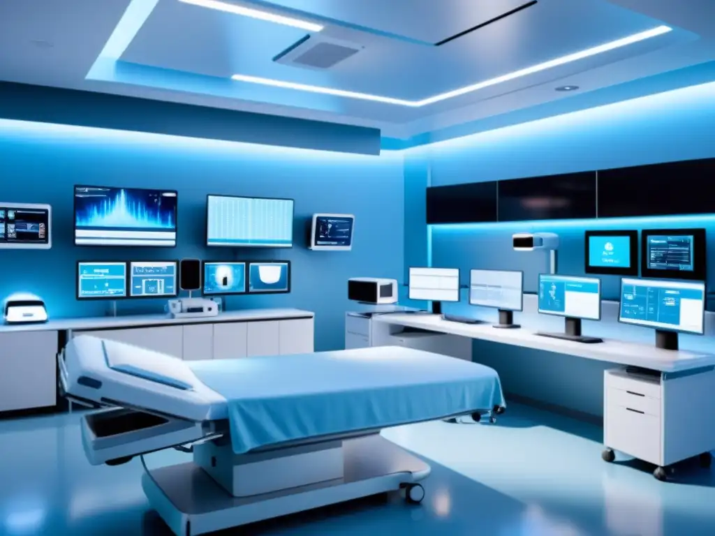 Imagen 8k de una sala hospitalaria futurista con equipo médico avanzado y AI