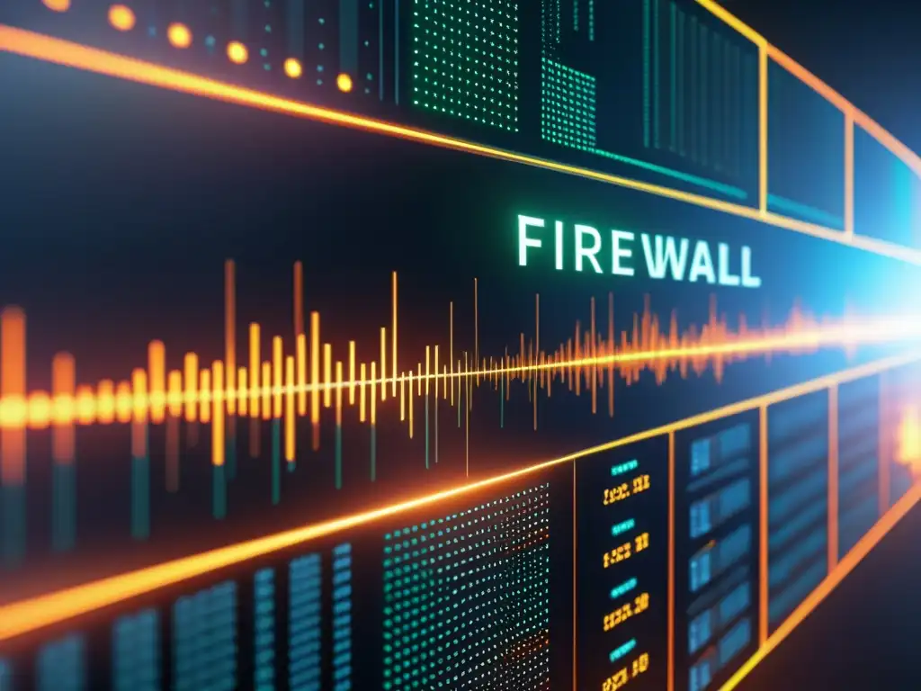 Imagen de un sistema de firewall de código abierto en acción, con visualización detallada del tráfico de red y circuitos brillantes, transmitiendo seguridad informática con firewall de código abierto de forma sofisticada