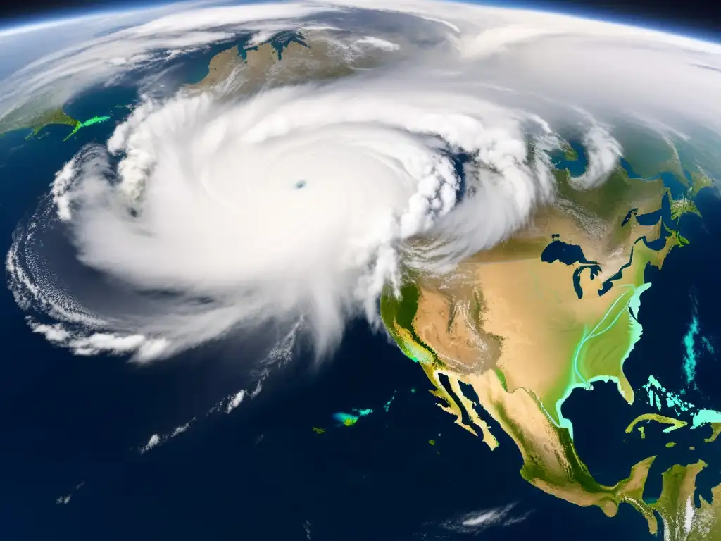 Imagen de satélite de alta resolución muestra sistema meteorológico mundial con nubes de tormenta, patrones atmosféricos y superficie terrestre