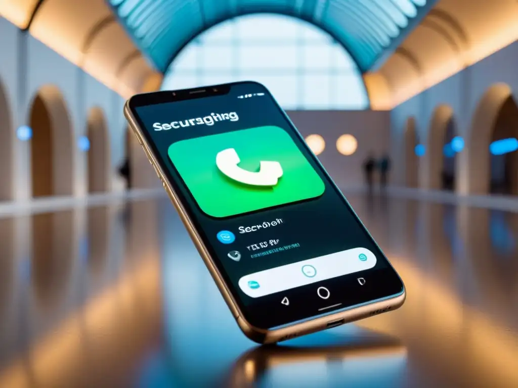 Imagen de smartphone moderno con app de mensajería segura y herramientas de privacidad open source, en ambiente futurista