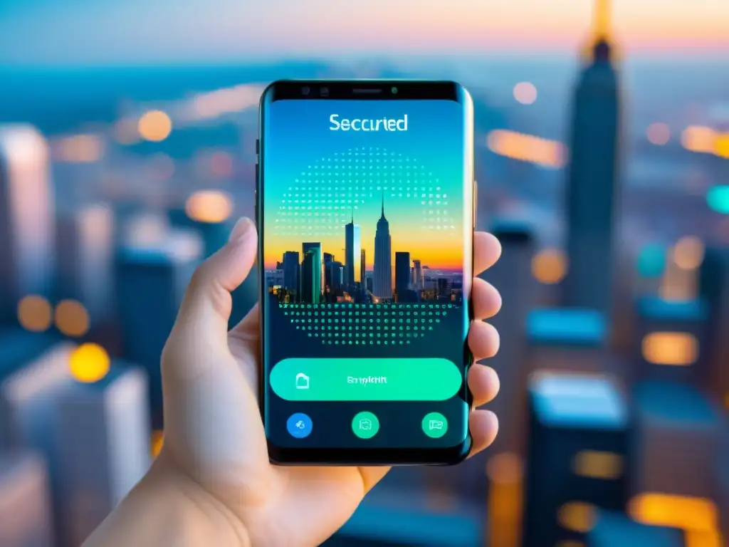 Imagen de un smartphone moderno mostrando datos encriptados siendo transmitidos entre dispositivos, en un entorno futurista