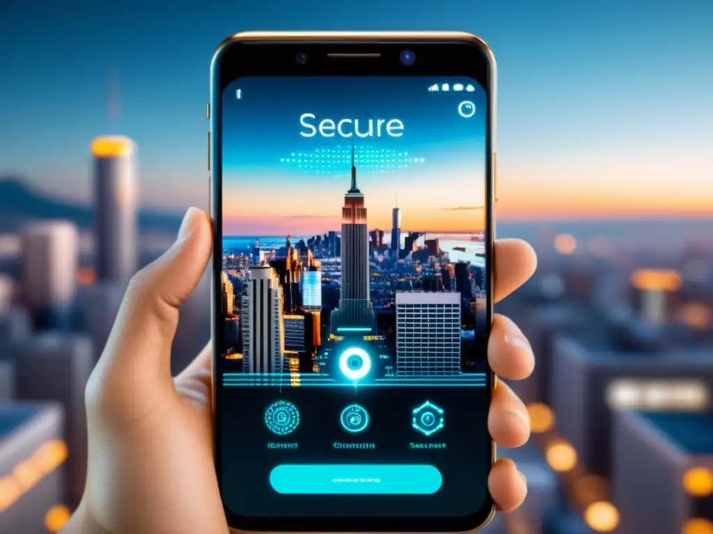 Imagen de un smartphone moderno con pantalla de bloqueo segura mostrando datos encriptados y símbolos de seguridad, con una ciudad futurista de fondo