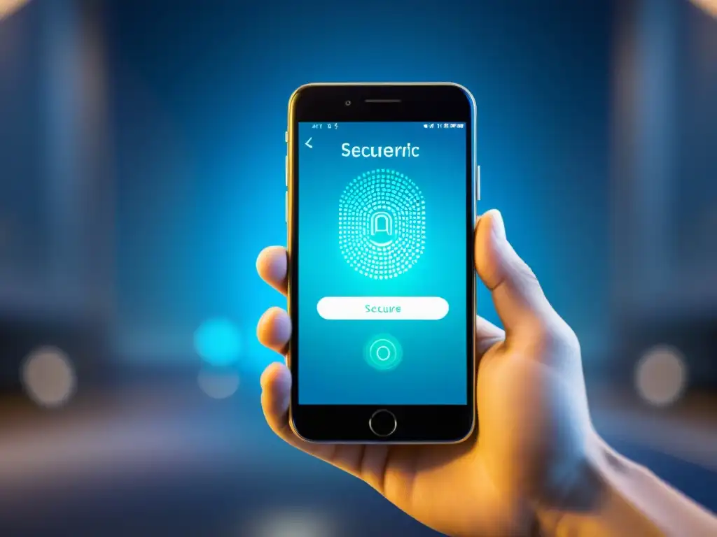 Imagen de un smartphone con autenticación multifactor en software de código abierto y un diseño futurista y seguro en el fondo