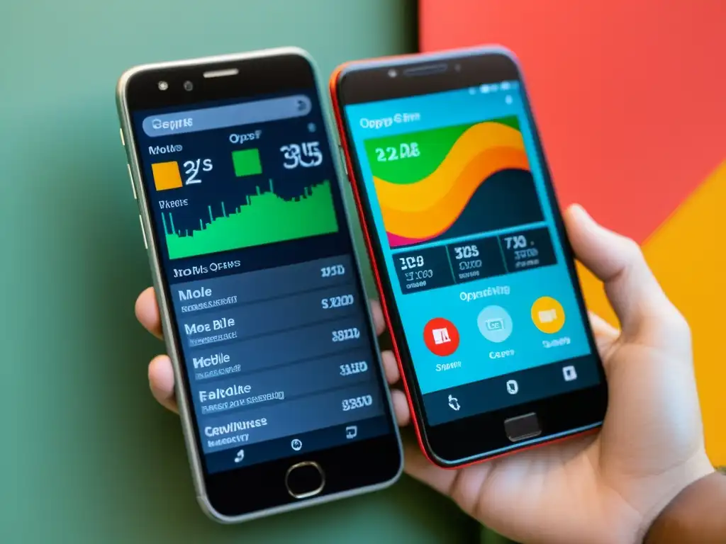 Una imagen de un smartphone con pantalla dividida mostrando una interfaz vibrante de un sistema operativo móvil de código abierto y un detallado análisis económico de diferentes sistemas operativos móviles