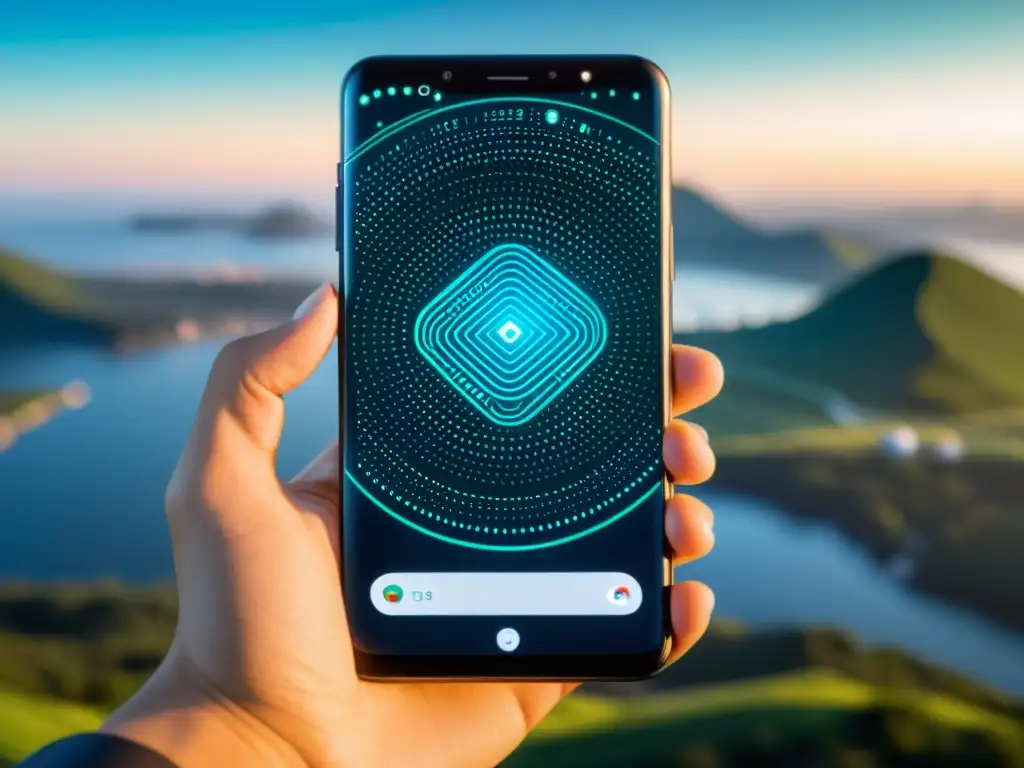 Imagen 8k de smartphone con sistema operativo móvil código abierto, en manos de profesional, con paisaje digital futurista