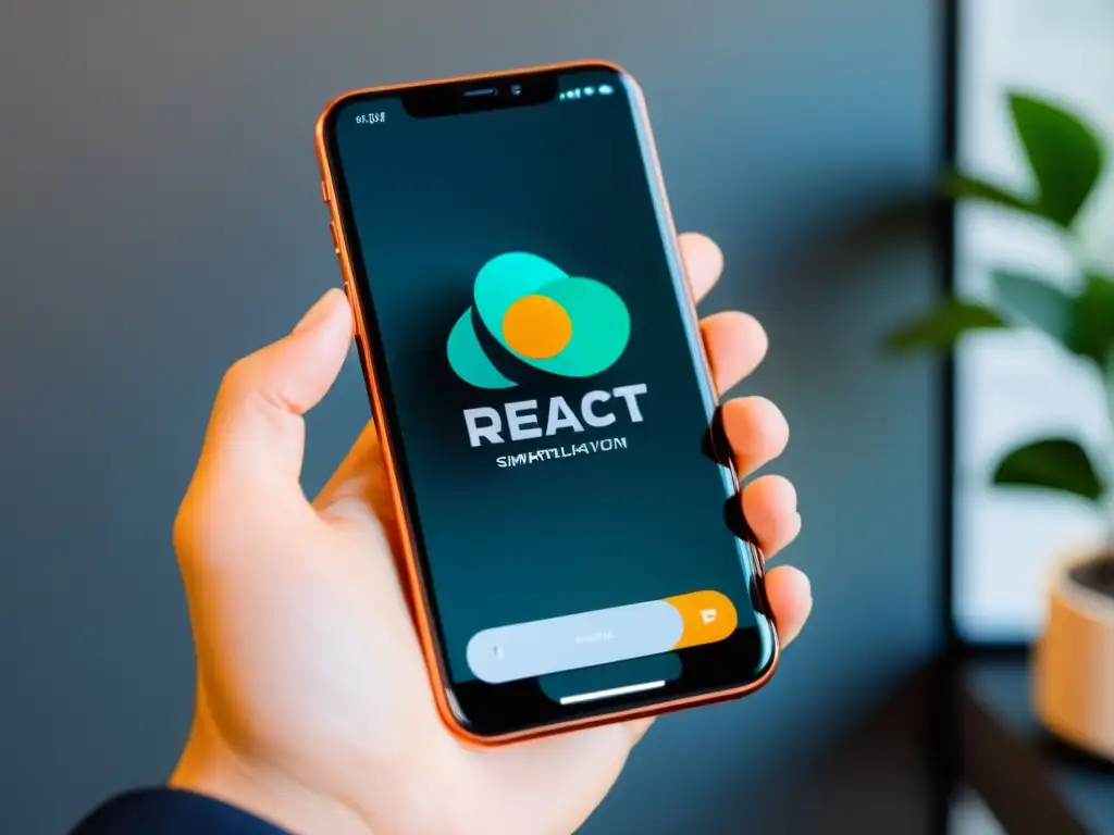 Imagen de teléfono inteligente moderno con aplicación React elegante y eficiente, demostrando la gestión de estados simplificada con MobX