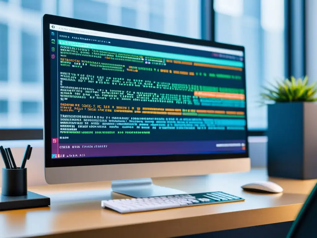 Una imagen ultra detallada de una pantalla de computadora mostrando líneas de código con colores vibrantes y diseño moderno