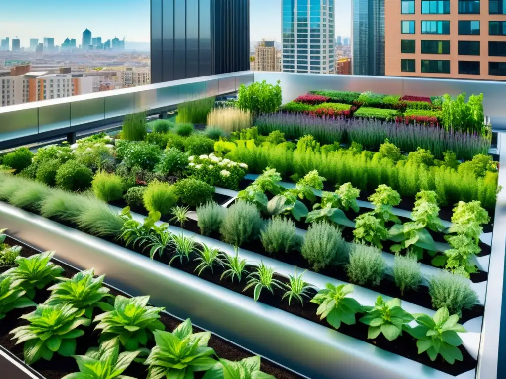 Una imagen de jardín urbano con tecnología open source para agricultura urbana, en armonía con la ciudad