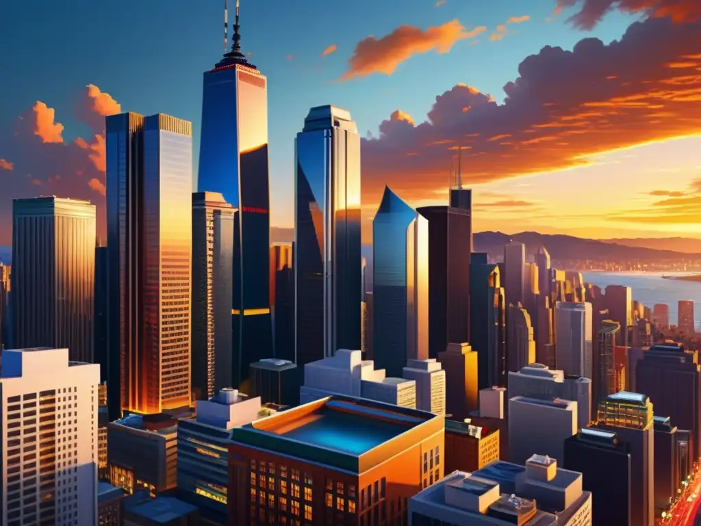 Una impactante pintura digital en 8k de una ciudad vibrante al atardecer, que muestra el poder del Software libre para artistas digitales