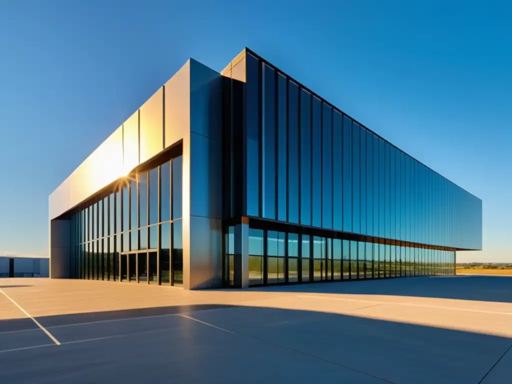 Imponente edificio industrial moderno de metal y vidrio, reflejando la luz del sol bajo un cielo azul claro