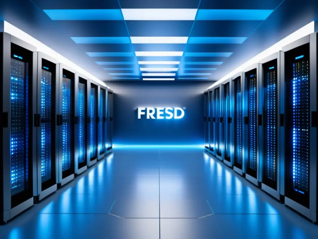 Imponente sala de servidores FreeBSD bañada en luz azul, con equipos de vanguardia