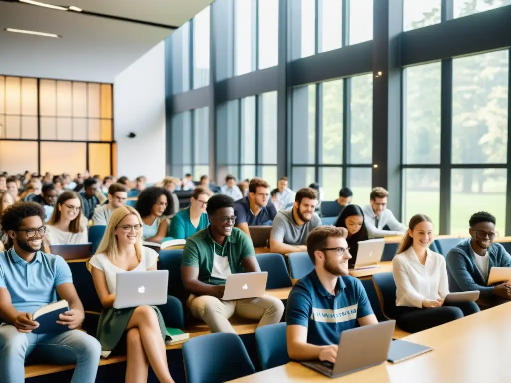 Importancia de libros de código abierto en la educación superior: aula universitaria llena de estudiantes, la mitad con libros tradicionales y la otra mitad con libros de código abierto en laptops, discutiendo animadamente bajo la luz natural