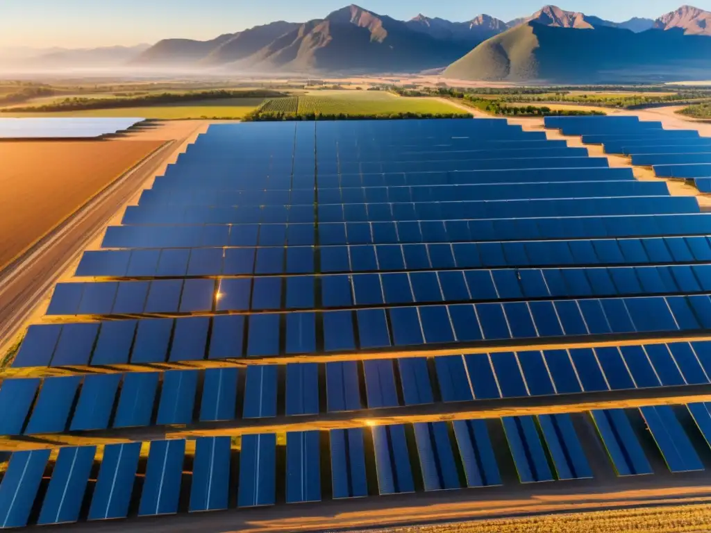 Un impresionante amanecer en una granja solar, con paneles relucientes y el sol asomando sobre el horizonte