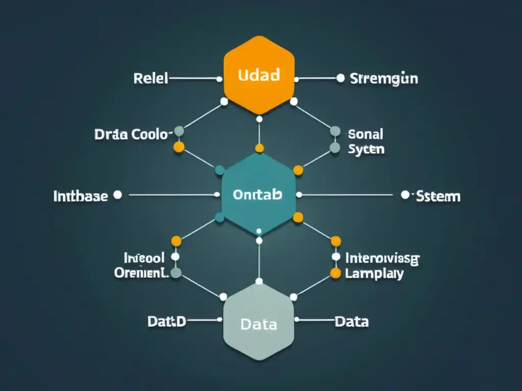 Una impresionante arquitectura de base de datos multimodelo OrientDB, con nodos interconectados y flujos de datos, desprendiendo innovación y versatilidad