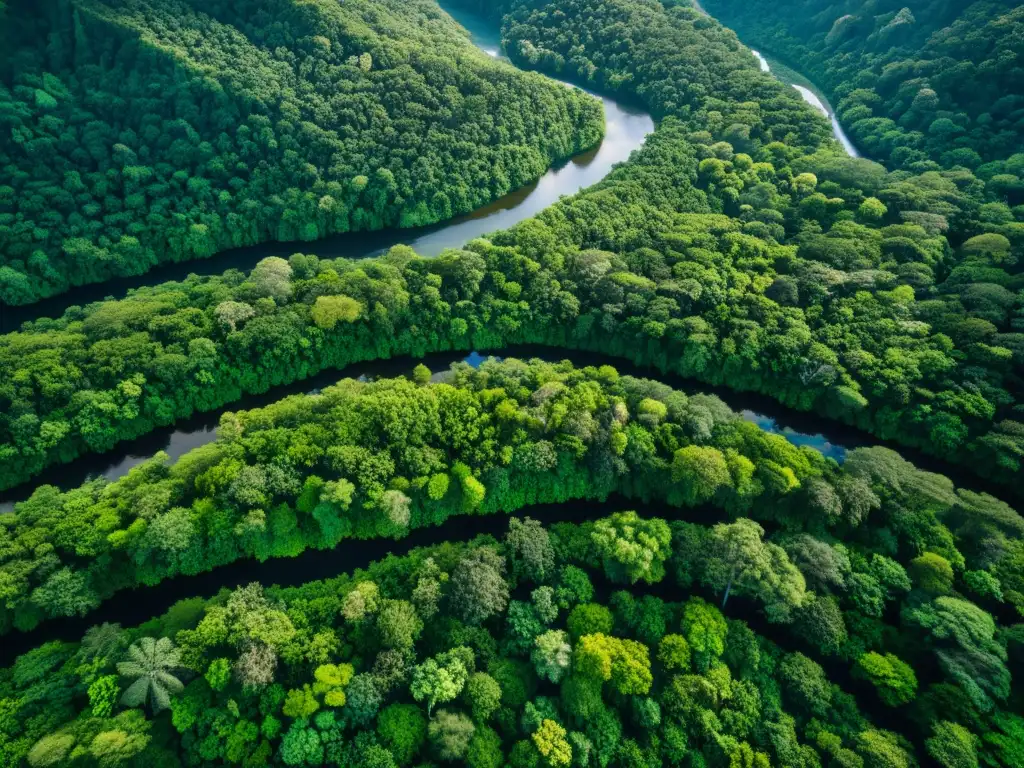 Un impresionante bosque lluvioso con abundante vida silvestre y ríos serpenteantes