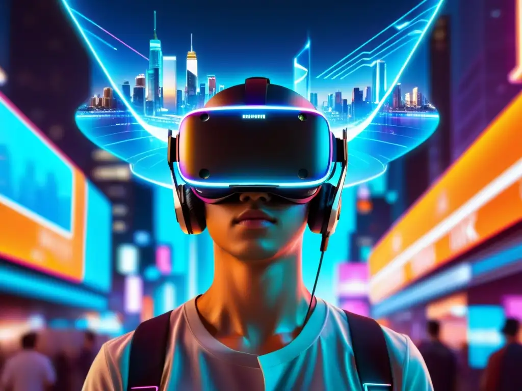 Realidad virtual futurista en 8K Un impresionante casco de realidad virtual suspendido en un entorno futurista, rodeado de intrincado código abierto en realidad virtual