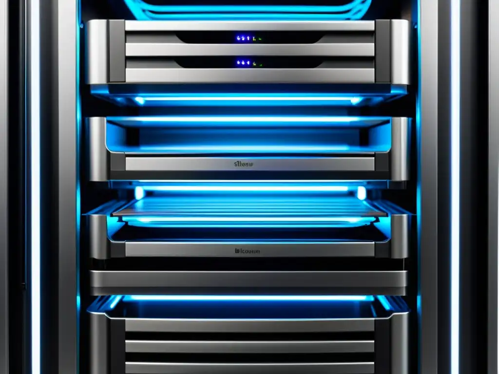 Un impresionante y detallado rack de servidores plateado, organizado y brillante, que refleja alta tecnología