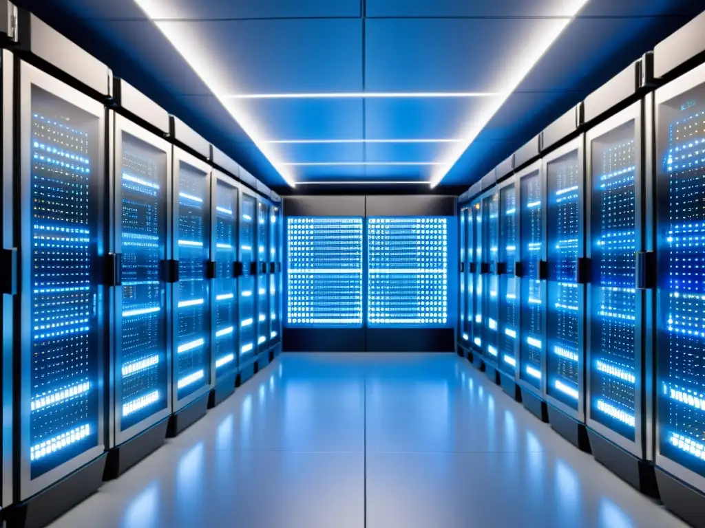Centro de servidores futurista: eficiencia y orden digital Un impresionante y detallado servidor futurista con equipos metálicos en un ambiente organizado, iluminado por luces LED, mostrando monitoreo de rendimiento en middleware de código abierto