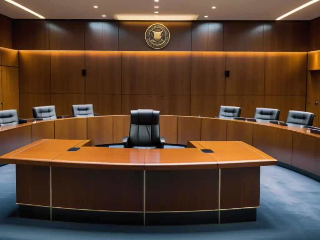 Sala de tribunal moderna con dramatismo y profesionalismo Impresionante escena en una sala de audiencias moderna con un enfoque en el estrado del juez y abogados presentando argumentos