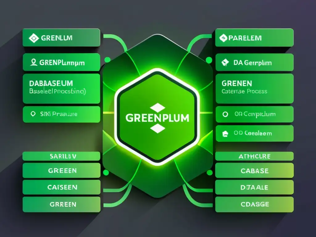 Una impresionante imagen en 8k detalla la arquitectura de Greenplum Database, destacando su red de nodos de procesamiento paralelo y flujo de datos