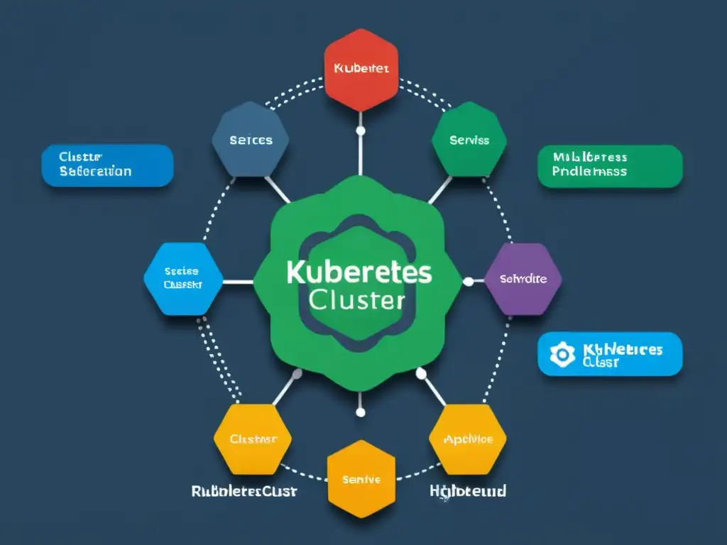 Una impresionante imagen de un clúster de Kubernetes con múltiples pods y servicios desplegados, ejemplificando las mejores prácticas para gestionar Kubernetes en un entorno práctico y profesional