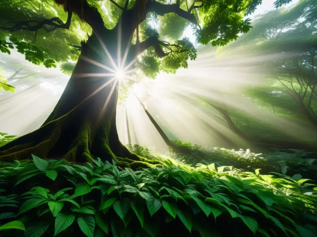 Una impresionante imagen de un exuberante bosque verde con luz solar filtrándose a través del dosel