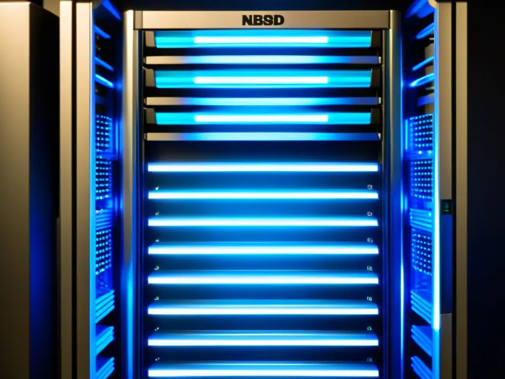 Una impresionante imagen de un moderno rack de servidores lleno de sistemas NetBSD, iluminado por un suave resplandor LED azul