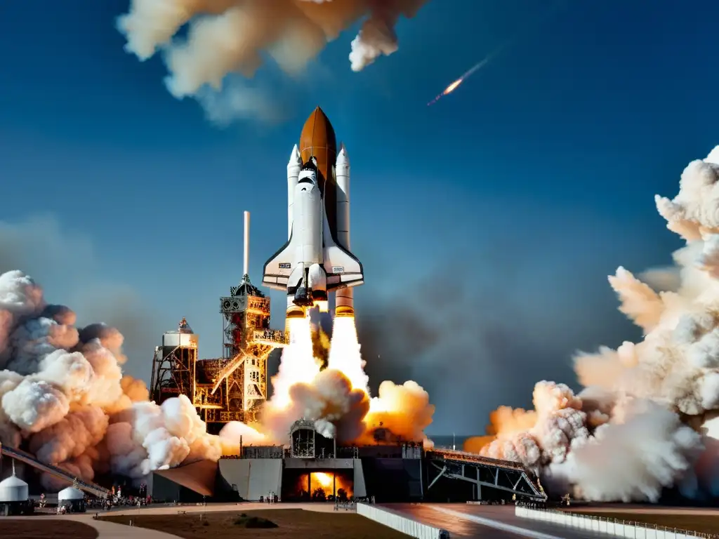 Despegue impresionante del transbordador espacial: poder y asombro Un impresionante lanzamiento de un transbordador espacial, con llamas y humo en su estela