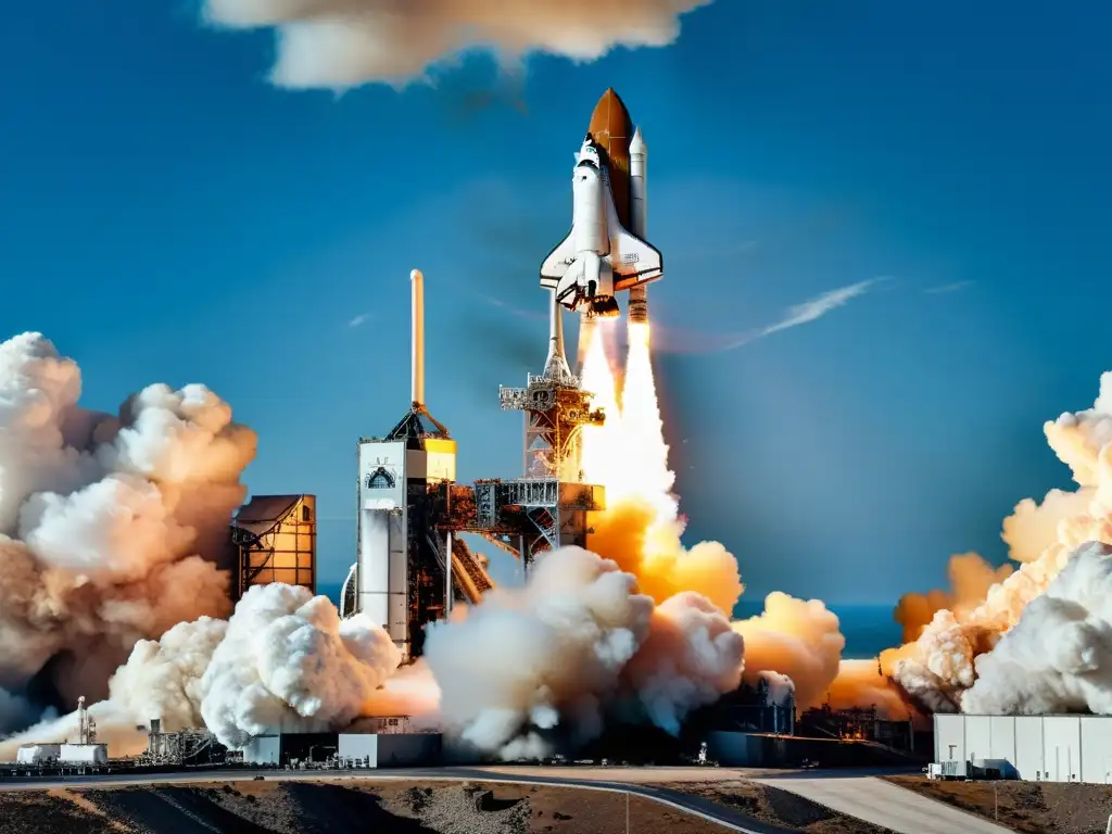 Espectacular lanzamiento de transbordador espacial hacia el cosmos El impresionante lanzamiento del transbordador espacial, con nubes de humo y llamas, destaca el diseño moderno