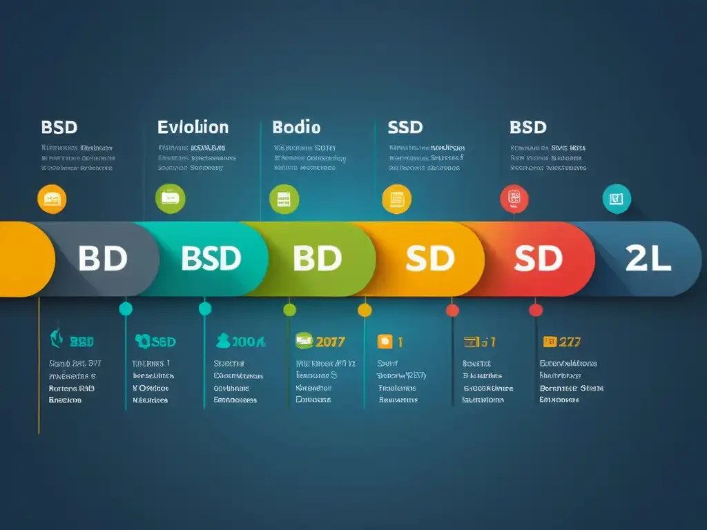 Una impresionante línea de tiempo ilustra la evolución e impacto de los Sistemas Operativos BSD en la tecnología, destacando hitos, desarrollos e contribuyentes clave