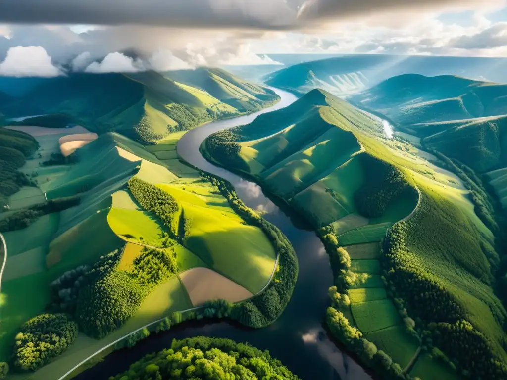 Un impresionante paisaje natural con colinas, bosques, ríos y usos de la tierra variados