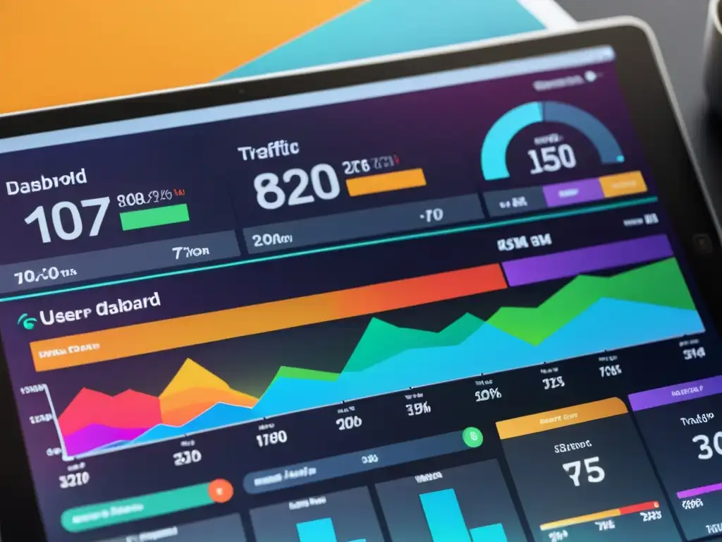 Un impresionante panel de marketing digital con analítica avanzada Matomo, gráficos y colores vibrantes