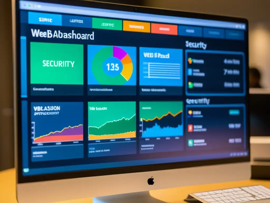 Un impresionante panel de seguridad de aplicaciones web con visualizaciones de datos, alertas de amenazas en tiempo real y una interfaz moderna