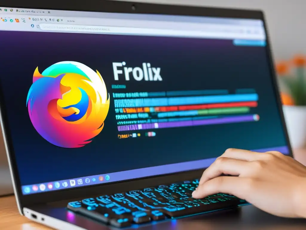 Una impresionante pantalla de computadora muestra el código abierto de Mozilla Firefox, rodeada de un espacio de trabajo moderno y elegante