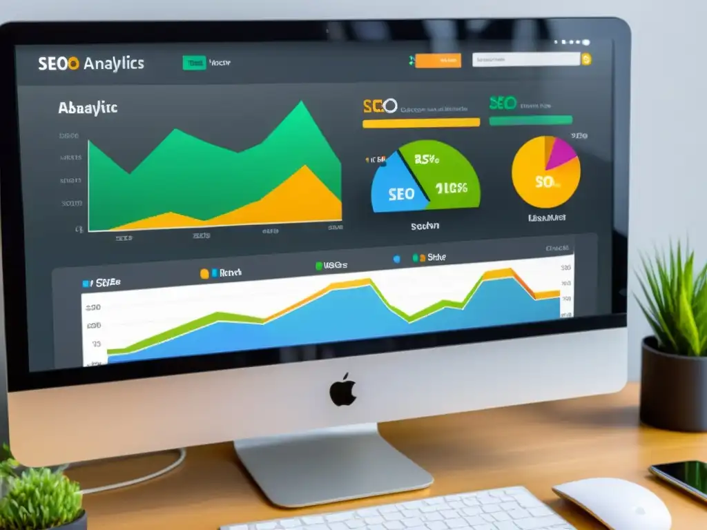 Una impresionante pantalla de computadora muestra un completo panel de análisis de SEO, con gráficos y datos en tiempo real