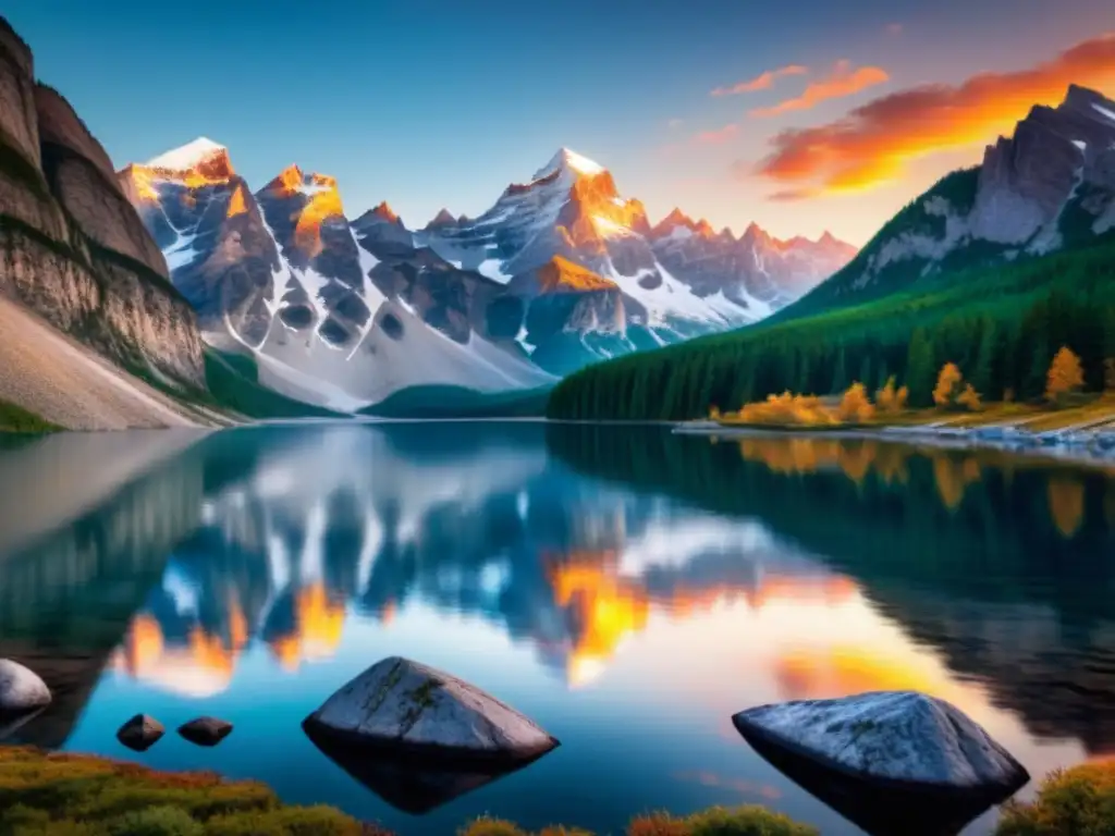 Una impresionante pintura mate de un sereno paisaje de montaña con un lago cristalino reflejando picos nevados y un cielo vibrante al atardecer