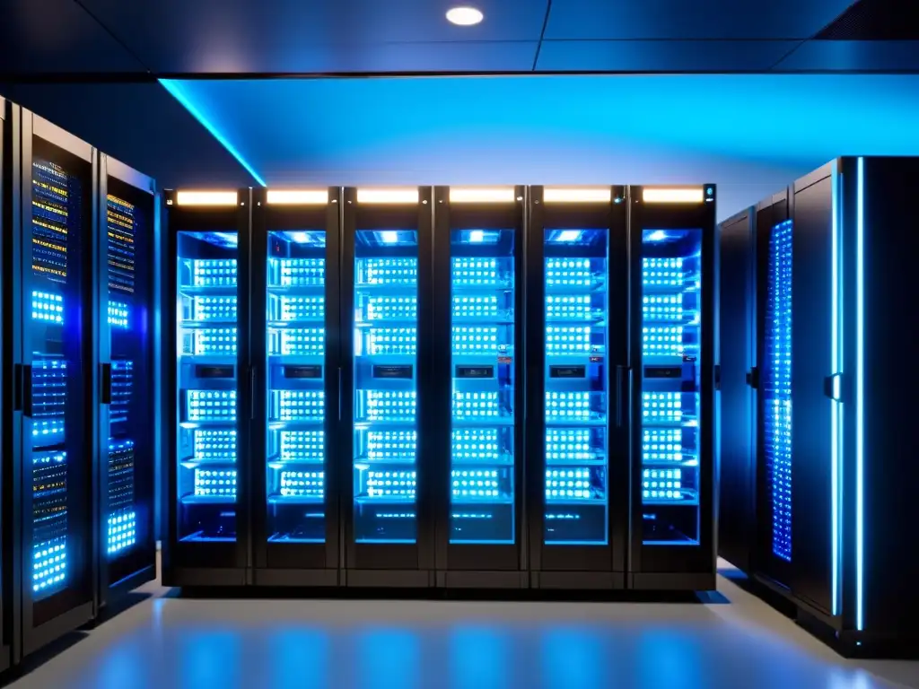 Sala de servidores DragonFly BSD: tecnología innovadora y vanguardista Un impresionante servidor DragonFly BSD iluminado en azul en una sala futurista, reflejando el rendimiento de DragonFly BSD en el mundo Unix