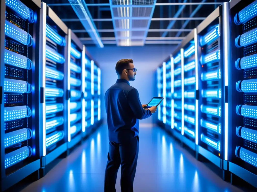 Sala de servidores de alta tecnología con ambiente futurista Un impresionante servidor moderno con técnico configurando sistemas de archivos en red con BSD