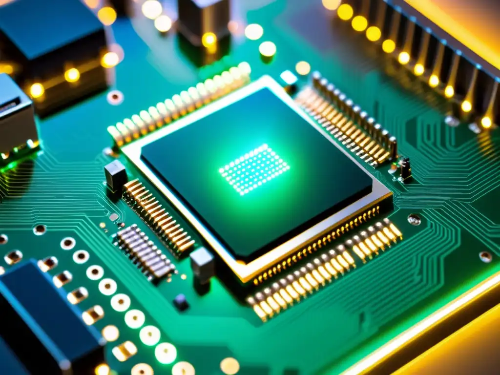 Placa de desarrollo FPGA: Tecnología avanzada en detalle Un impresionante tablero de desarrollo FPGA, iluminado con un suave resplandor futurista, resalta su tecnología avanzada y diseño moderno