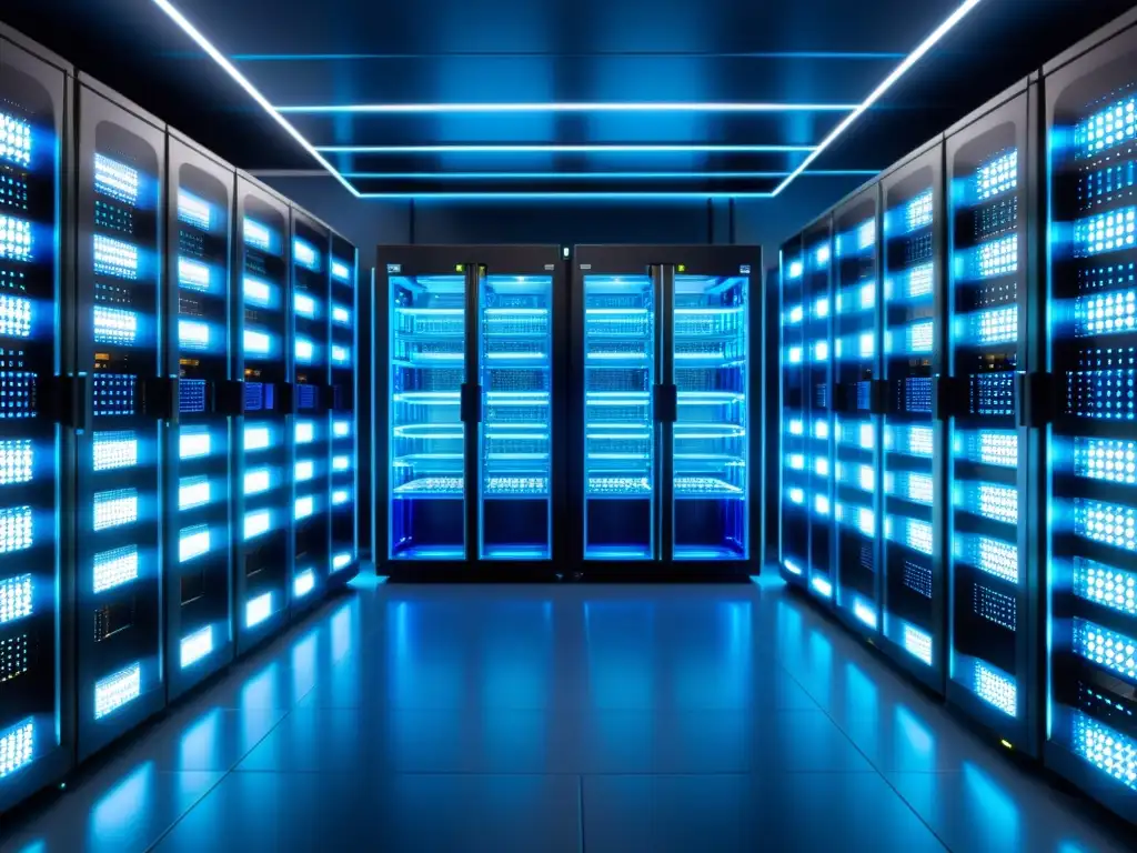 Una impresionante vista aérea de una sala de servidores moderna y elegante con filas de racks organizados y potentes servidores, todo iluminado por un suave y futurista resplandor azul