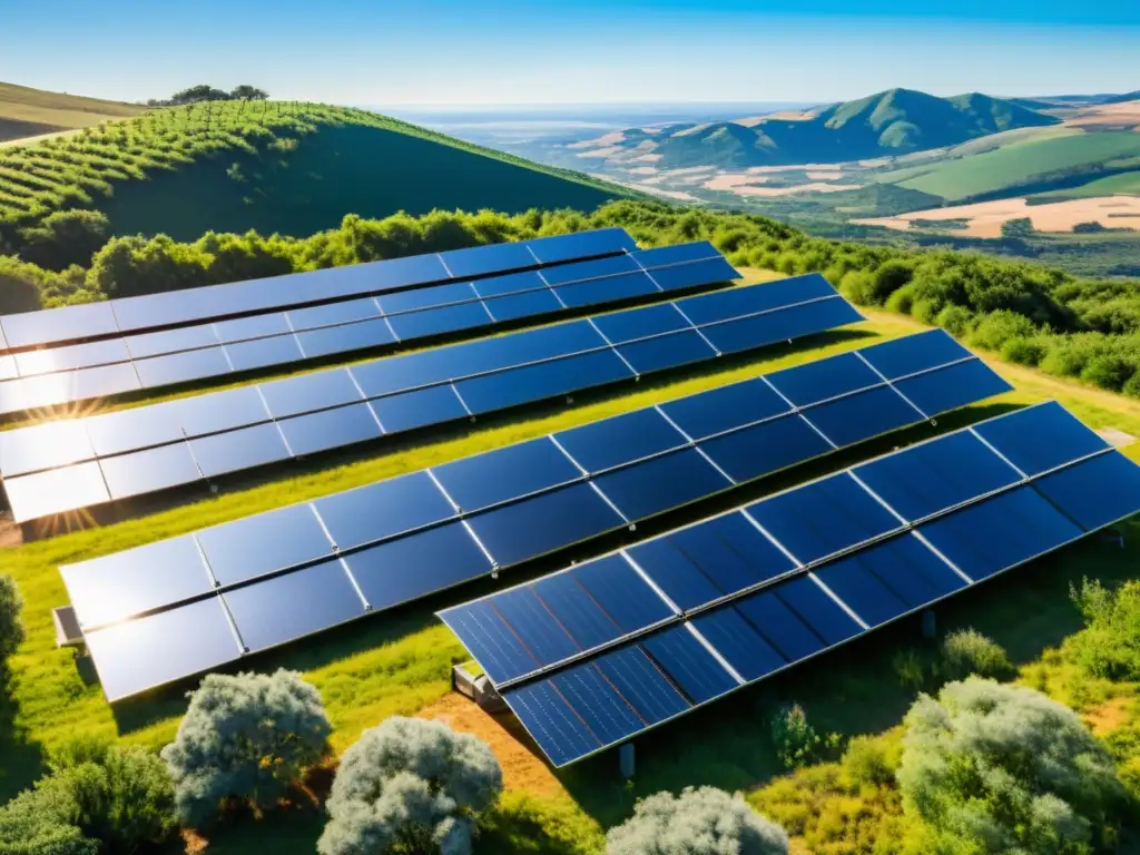 Una impresionante vista de un campo de paneles solares con un diseño moderno y eficiente, en un entorno sostenible y ecológico