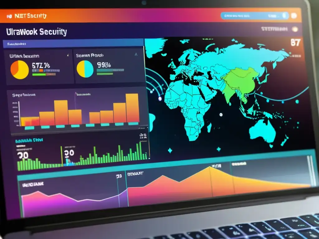 Una impresionante visualización detallada de un panel de seguridad de red, con datos en tiempo real y un diseño moderno