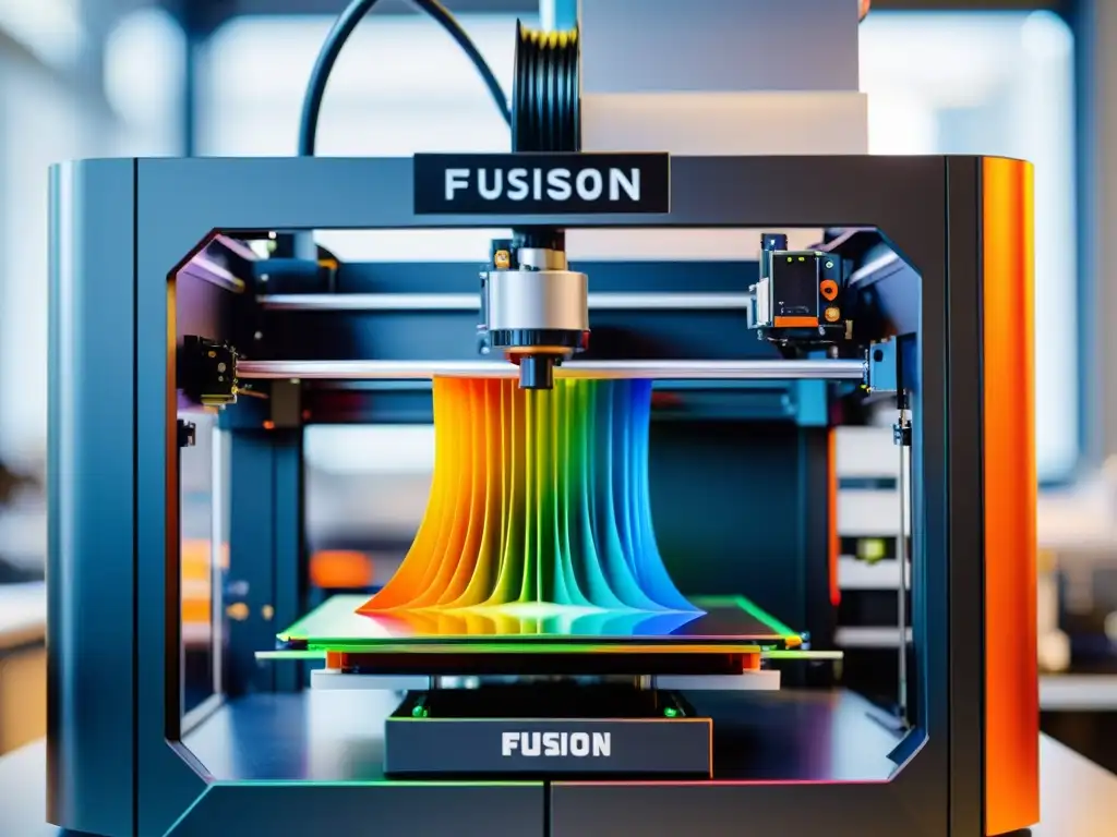 Una impresora 3D en acción, mostrando detalles precisos y colores vibrantes en un entorno moderno, resaltando la solución de errores en la impresión 3D con código abierto