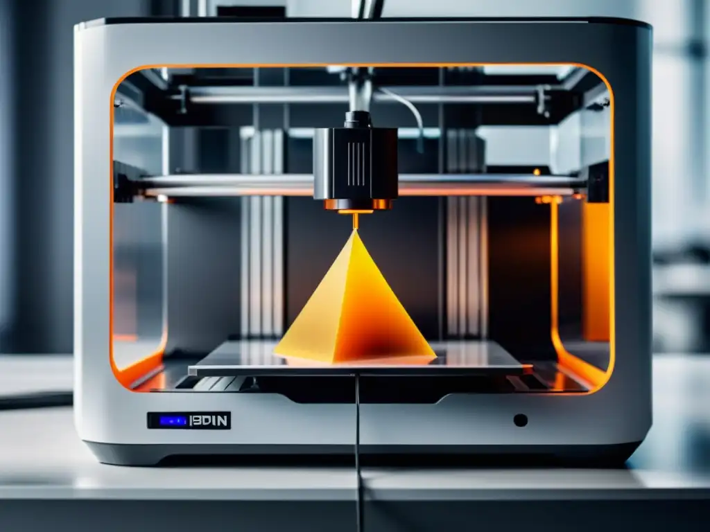 Una impresora 3D de diseño moderno en funcionamiento, con un ambiente profesional y tecnológico
