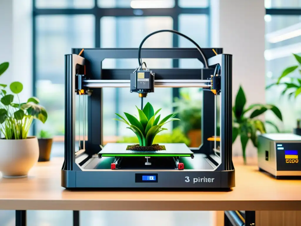 Innovación sostenible: Impresora 3D de precisión en acción Una impresora 3D en un espacio futurista y abierto, produciendo objetos complejos