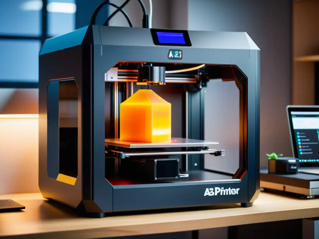Impresora 3D en espacio moderno: innovación y precisión en impresión 3D Una impresora 3D en un espacio moderno rodeada de herramientas de impresión 3D de código abierto, creando objetos complejos con precisión innovadora