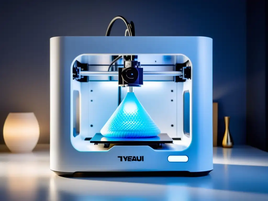 Una impresora 3D futurista crea productos únicos en ambiente high-tech con una suave luz azul