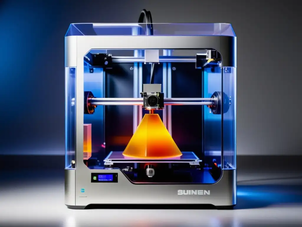 Una impresora 3D futurista de alta resolución con filamentos vibrantes siendo extruidos para crear un modelo detallado