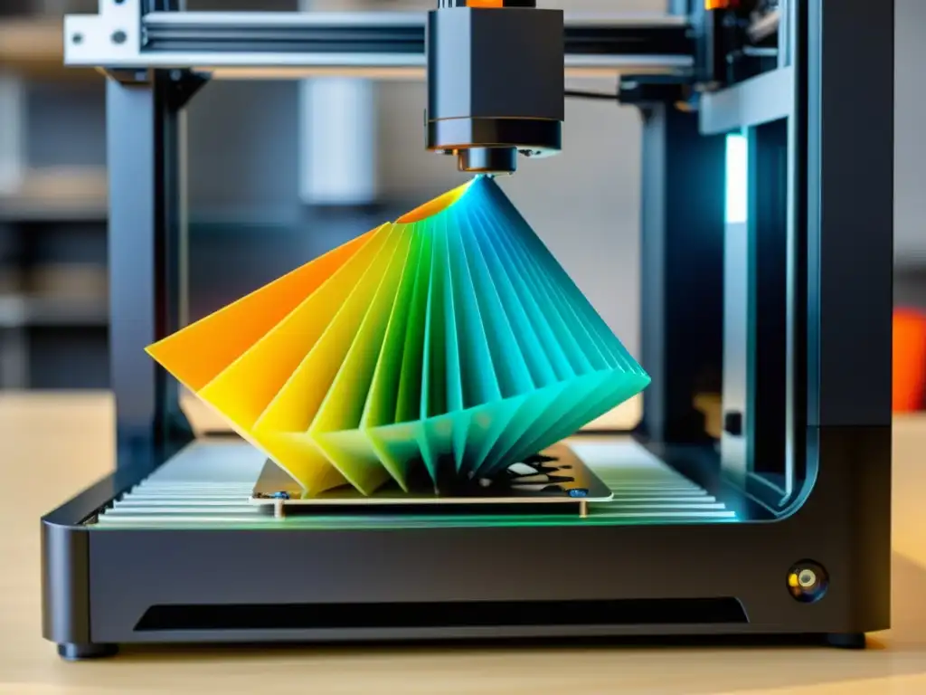 Una impresora 3D en acción modelando el futuro con impresión 3D, creando un objeto complejo con colores vibrantes y diseño futurista